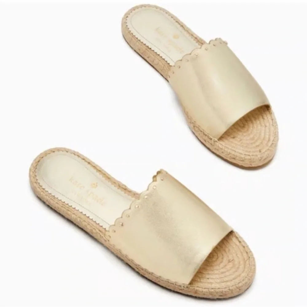 Kate Spade | Giovanna Gold Crinkle Leather Slip-on Espadrille Sandals, Size 8